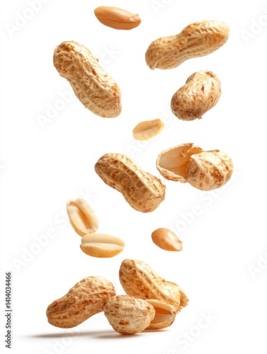 Peanuts Falling Isolated on White Background for Food Concepts