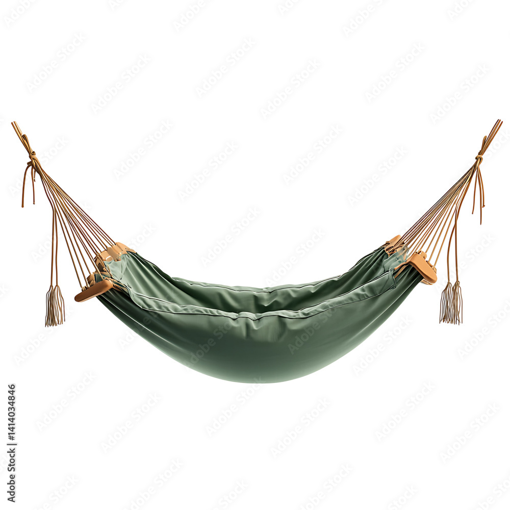 Soft fabric hammock with wooden spreader bars and rope loops on both ends suspended as a lounging item viewed fully extended on a transparent background