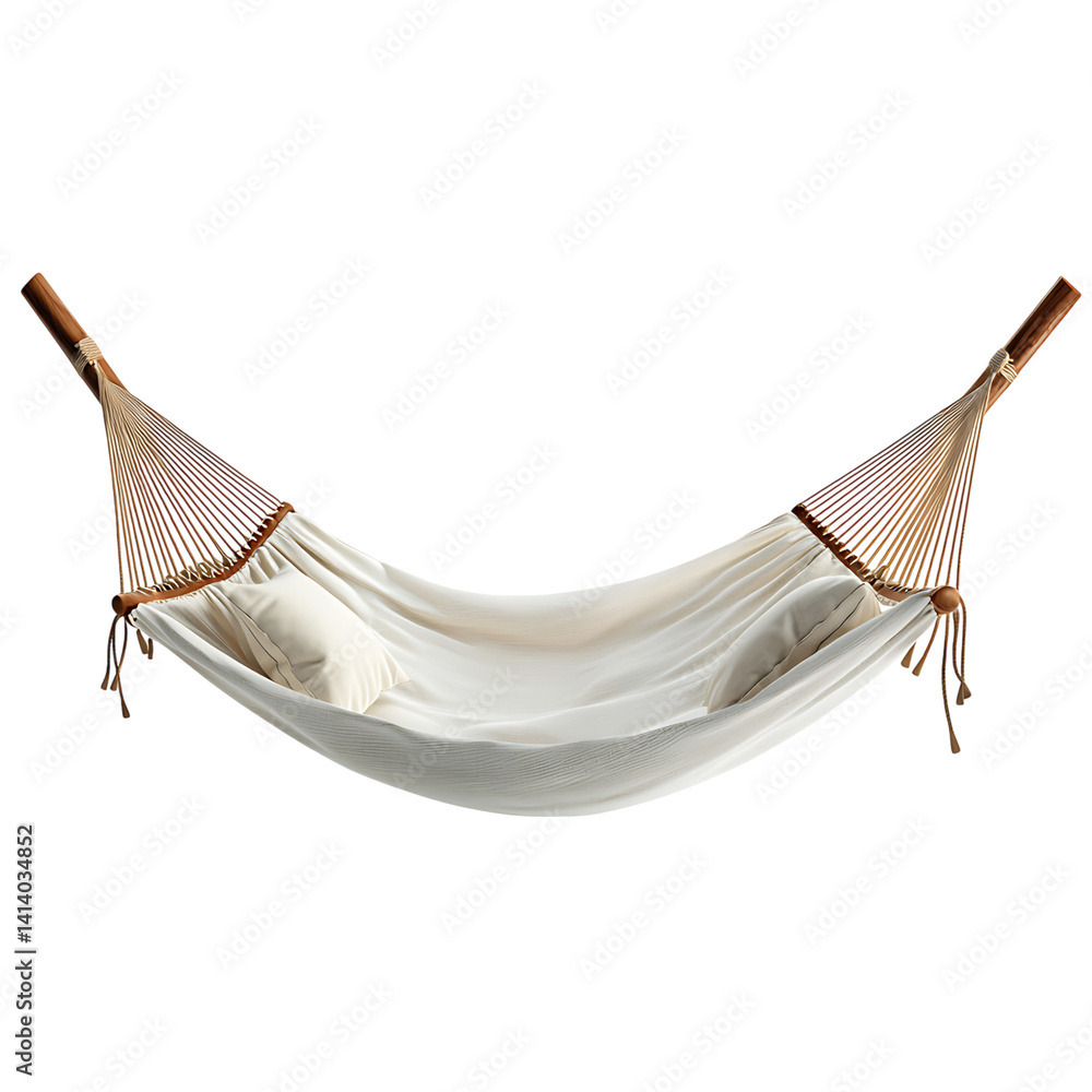 Soft fabric hammock with wooden spreader bars and rope loops on both ends suspended as a lounging item viewed fully extended on a transparent background