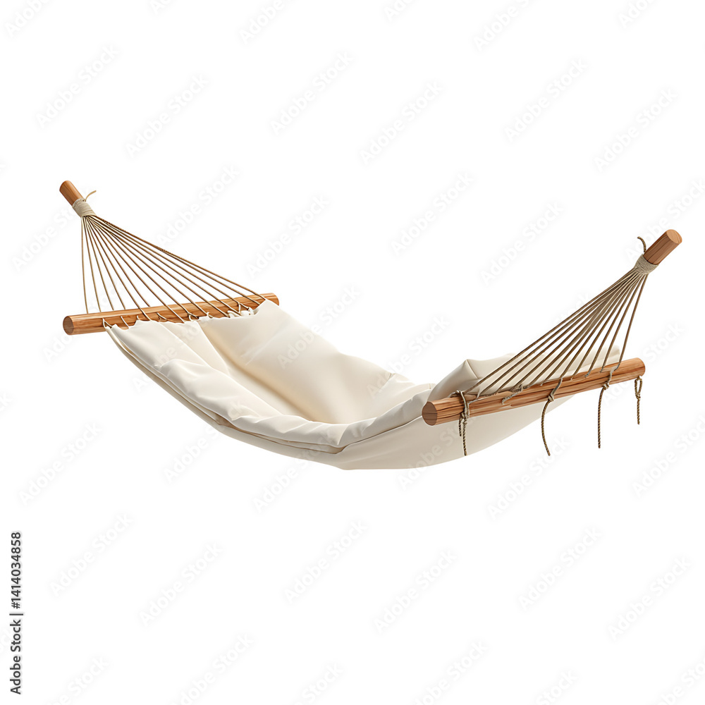 Soft fabric hammock with wooden spreader bars and rope loops on both ends suspended as a lounging item viewed fully extended on a transparent background