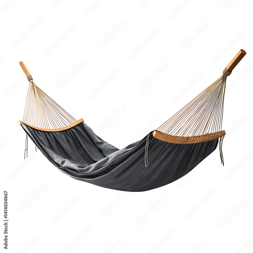 Soft fabric hammock with wooden spreader bars and rope loops on both ends suspended as a lounging item viewed fully extended on a transparent background