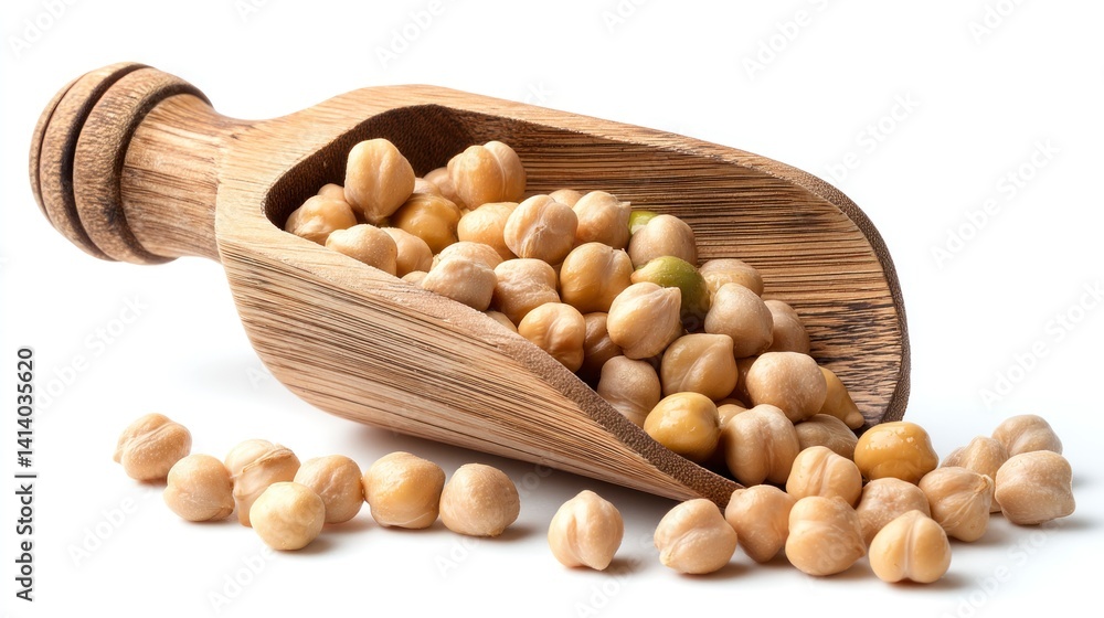 Chickpeas Spilling From Wooden Scoop on White Background Chickpeas Spilling From Wooden Scoop on White Background