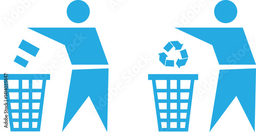 Waste disposal with Person throwing trash into Bin blue flat icons set. Waste sorting container vectors. keep clean, dispose of carefully and thoughtfully symbols isolated on transparent background.