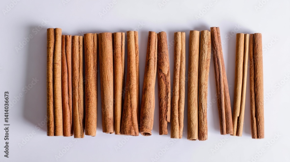 Cinnamon Sticks Arranged on White Background, Top View Cinnamon Sticks Arranged on White Background, Top View