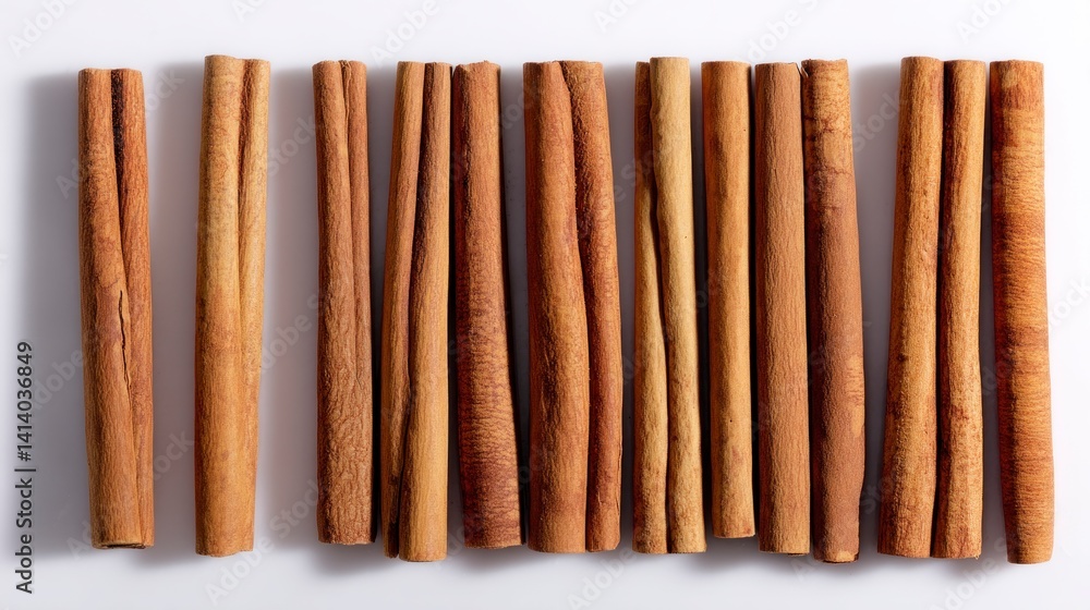 Cinnamon Sticks Arranged in a Row on White Background Cinnamon Sticks Arranged in a Row on White Background