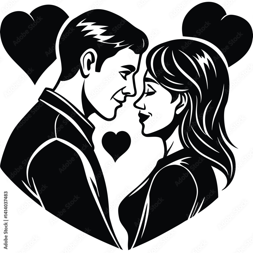 Romantic Couple Silhouette in Heart Shape with Hearts Romantic Couple Silhouette in Heart Shape with Hearts