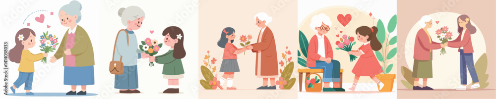vector collection of girls giving flowers to grandmother vector collection of girls giving flowers to grandmother