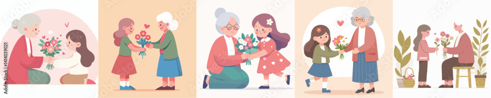 vector collection of girls giving flowers to grandmother vector collection of girls giving flowers to grandmother