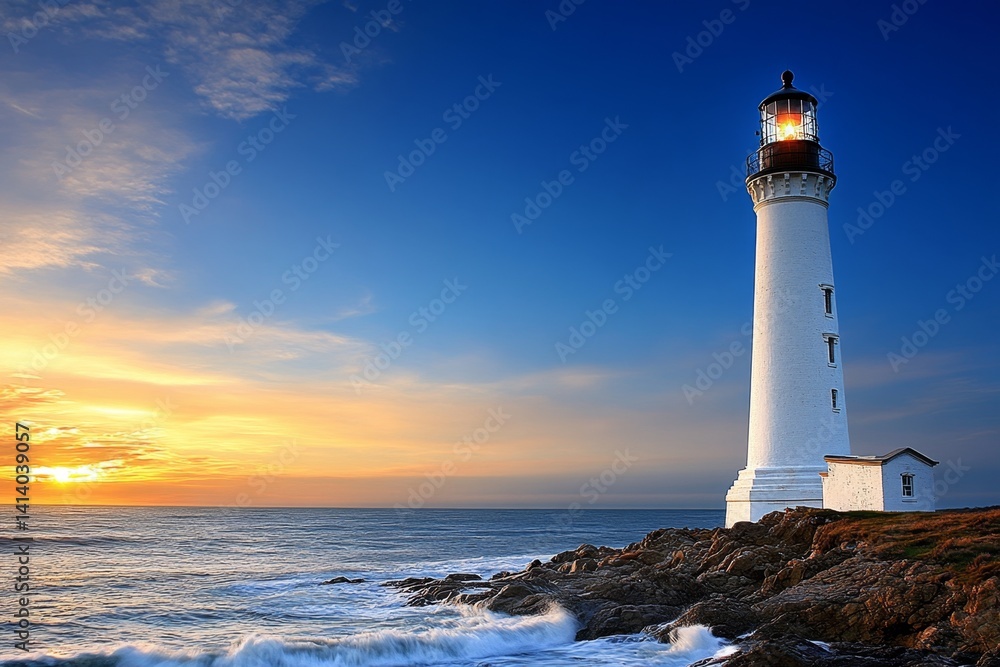 A lone lighthouse standing on a rocky cliff at sunset, with waves crashing below A lone lighthouse standing on a rocky cliff at sunset, with waves crashing below