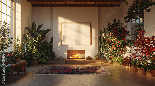 Sunlit living room with fireplace ornate rug and abundant indoor plants creates a cozy inviting ambiance.