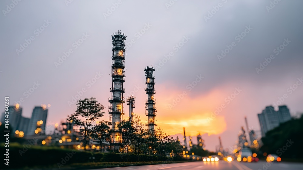 Fototapeta premium Industrial Refinery Sunset Oil Plant Towers Cityscape
