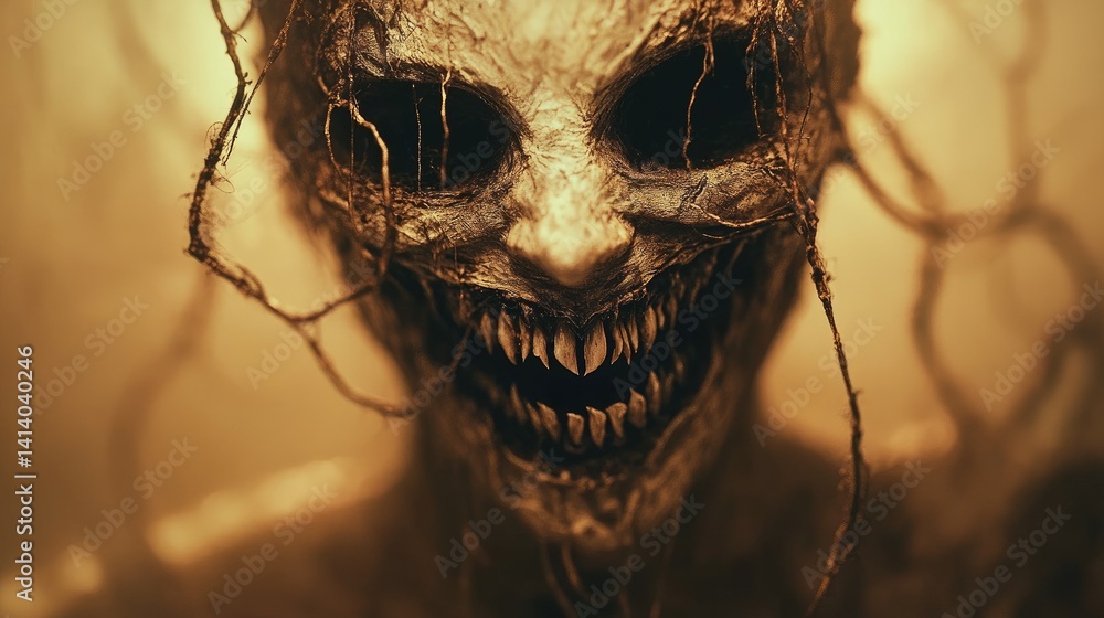 A smiling figure with an impossibly long mouth, glowing in dim light. A smiling figure with an impossibly long mouth, glowing in dim light.