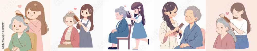 vector collection of women combing grandma's hair vector collection of women combing grandma's hair