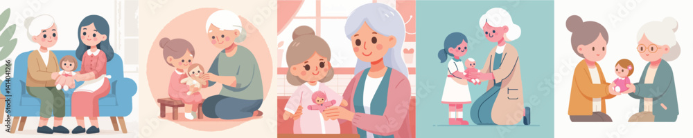vector collection of grandmother giving doll to daughter vector collection of grandmother giving doll to daughter