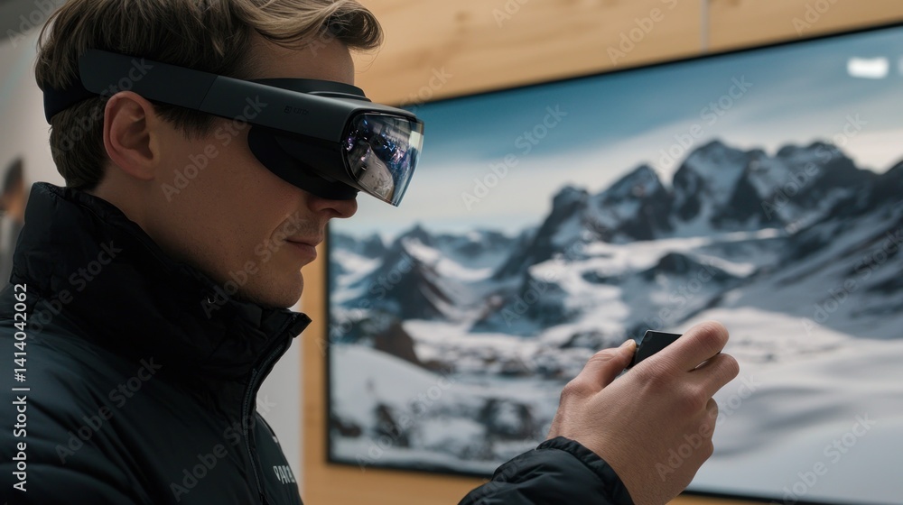 Obraz premium Man Experiencing Augmented Reality with Mountain View