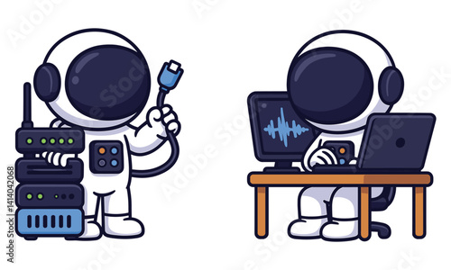 Astronaut Fixing Server and Monitoring Heartbeat on Laptop Illustration