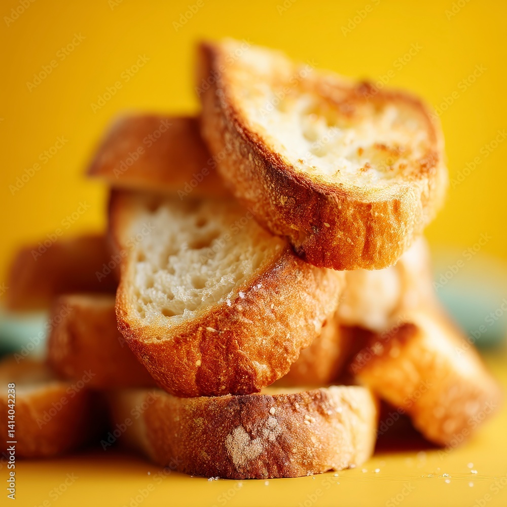 Crispy Toasted Bread Slices Close up Food Photography Yellow Background Crispy Toasted Bread Slices Close up Food Photography Yellow Background