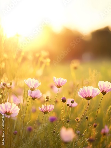 A field of cosmos flowers during sunset  golden light casting warm tones  candid human presence in distance  high realism botanical scene.