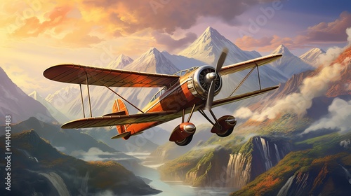 Vintage Propeller Airplane Flying Over Majestic Mountains at Sunrise – Scenic Aviation Landscape Artwork