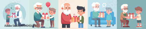vector collection of grandfather giving boy gift