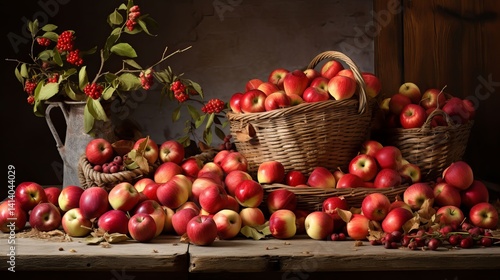Abundant Red and Yellow Apple Harvest in Wicker Baskets with Rustic Decor – Autumn Fruit Still Life on Wooden Table