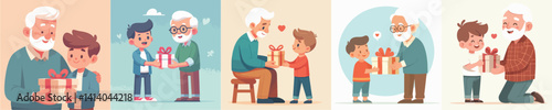 vector collection of grandfather giving boy gift