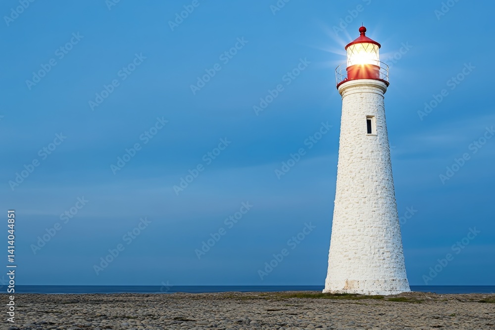A stone-built lighthouse at night, its bright beam cutting through the darkness, guiding ships safely A stone-built lighthouse at night, its bright beam cutting through the darkness, guiding ships safely