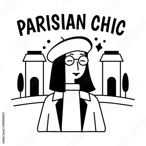 Tourist woman with parisian chic typography, glyph sticker 
