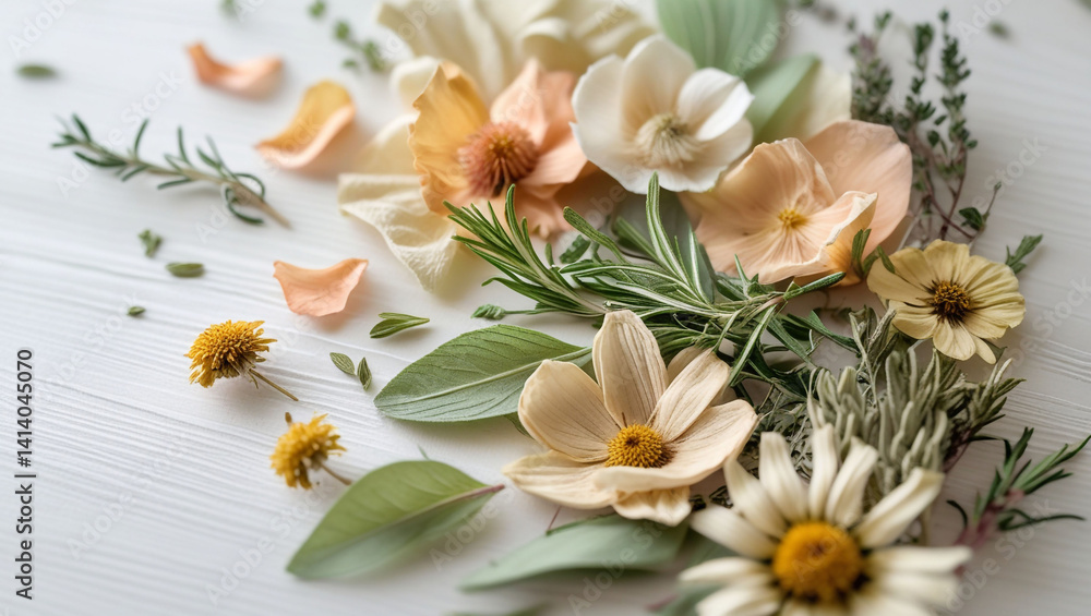 Obraz premium A serene arrangement of delicate pastel blossoms and fragrant herbs, resting on a whitewashed wooden surface, bathed in soft, diffused light.