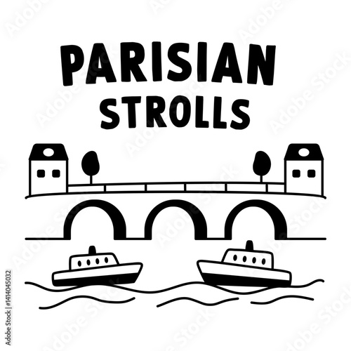 Boats cruising under a bridge with parisian strolls text, glyph sticker 
