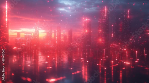Neon Cityscape at Sunset  A Futuristic Metropolis Reflected in Still Waters