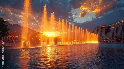 Water Show at Bellagio Fountains Illuminated by the Golden Sunlight Photo