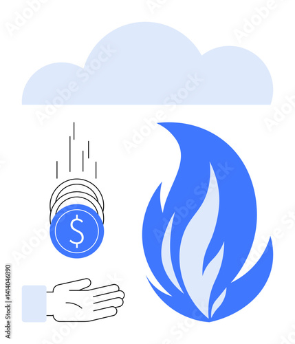 Coins falling from cloud toward flame, symbolizing financial waste or loss. Ideal for finance, economy, risk, investment, hazard, sustainability, and simple landing page