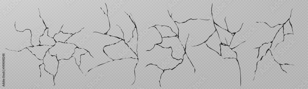 Earthquake cracks and fissures on transparent. Fractured ground surface texture, seismic land rifts. Damaged soil crannies, splitting earth crevices. Crumbling wall splits and broken clay elements.