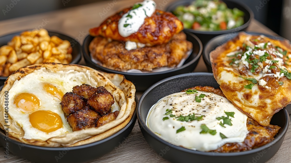 Assortment of Savory Small Plates with Eggs and Creamy Sauces Assortment of Savory Small Plates with Eggs and Creamy Sauces