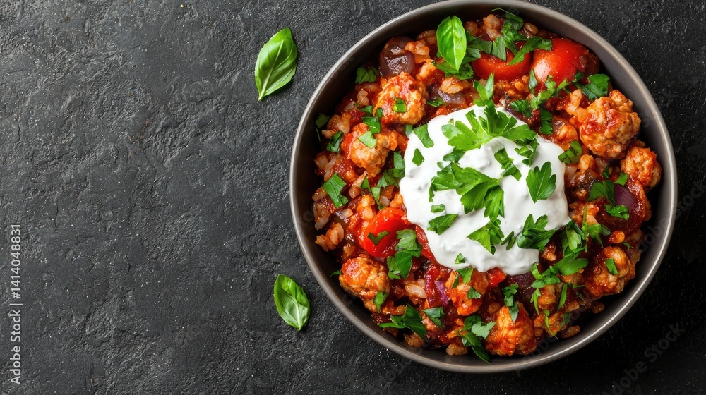 Hearty bowl of flavorful grain-based dish with creamy topping Hearty bowl of flavorful grain-based dish with creamy topping