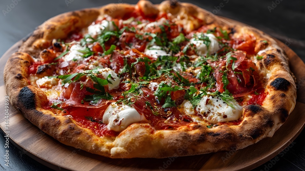 Close-up of a freshly baked pizza topped with mozzarella, prosciutto, and herbs. Close-up of a freshly baked pizza topped with mozzarella, prosciutto, and herbs.