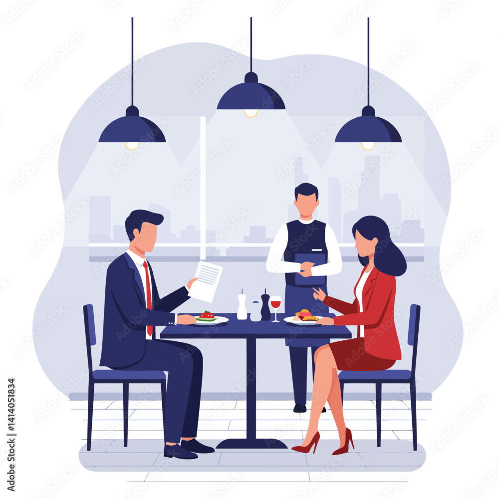 People Dining at Restaurant with Waiter Service People Dining at Restaurant with Waiter Service