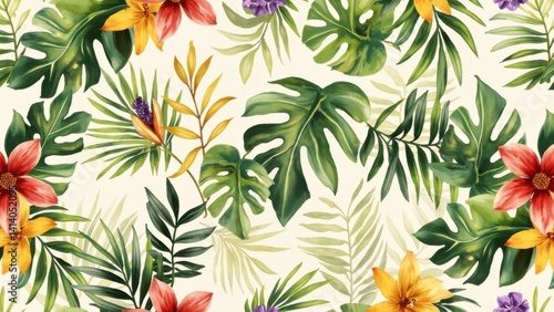 Tropical leaves and vibrant flowers pattern
