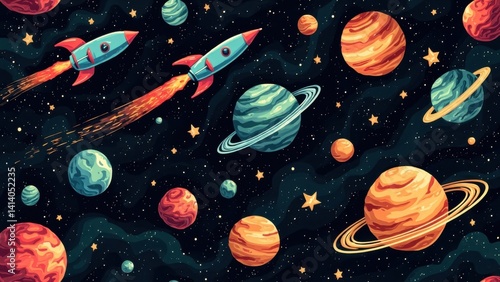Rocket and planets in cartoon outer space