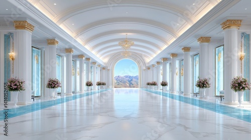 Serene white hallway with columns and archways elegant interior architecture stock photo