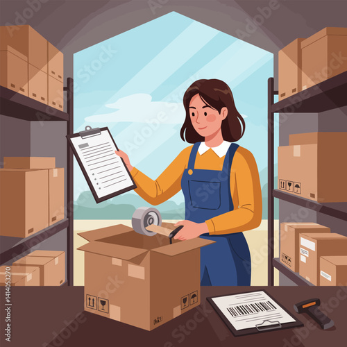 Woman Packing Box in Storage with Clipboard and Scanner
