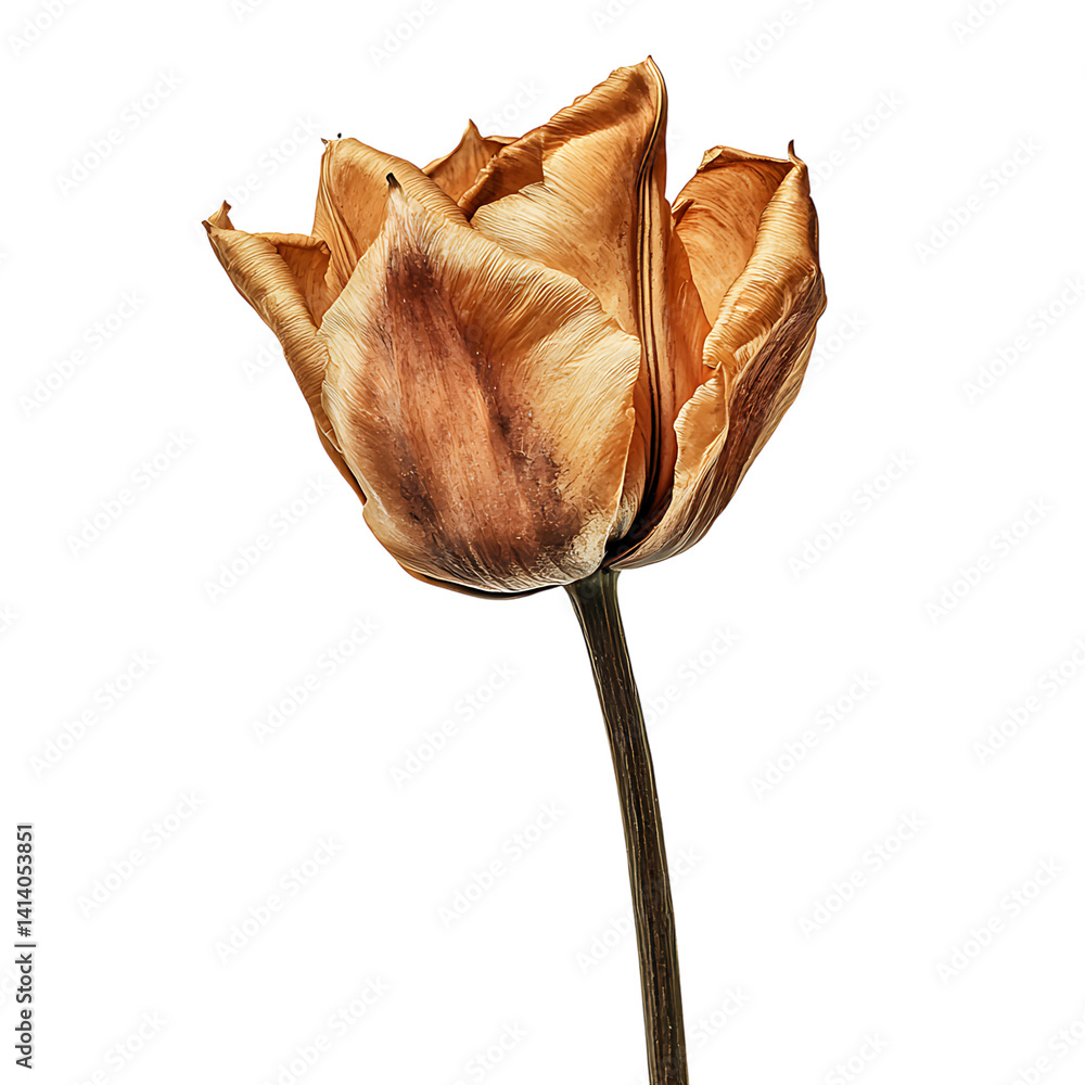 Dried tulip flower with curled petals upright stem and detailed texture showing delicate aging and botanical structure on a transparent background