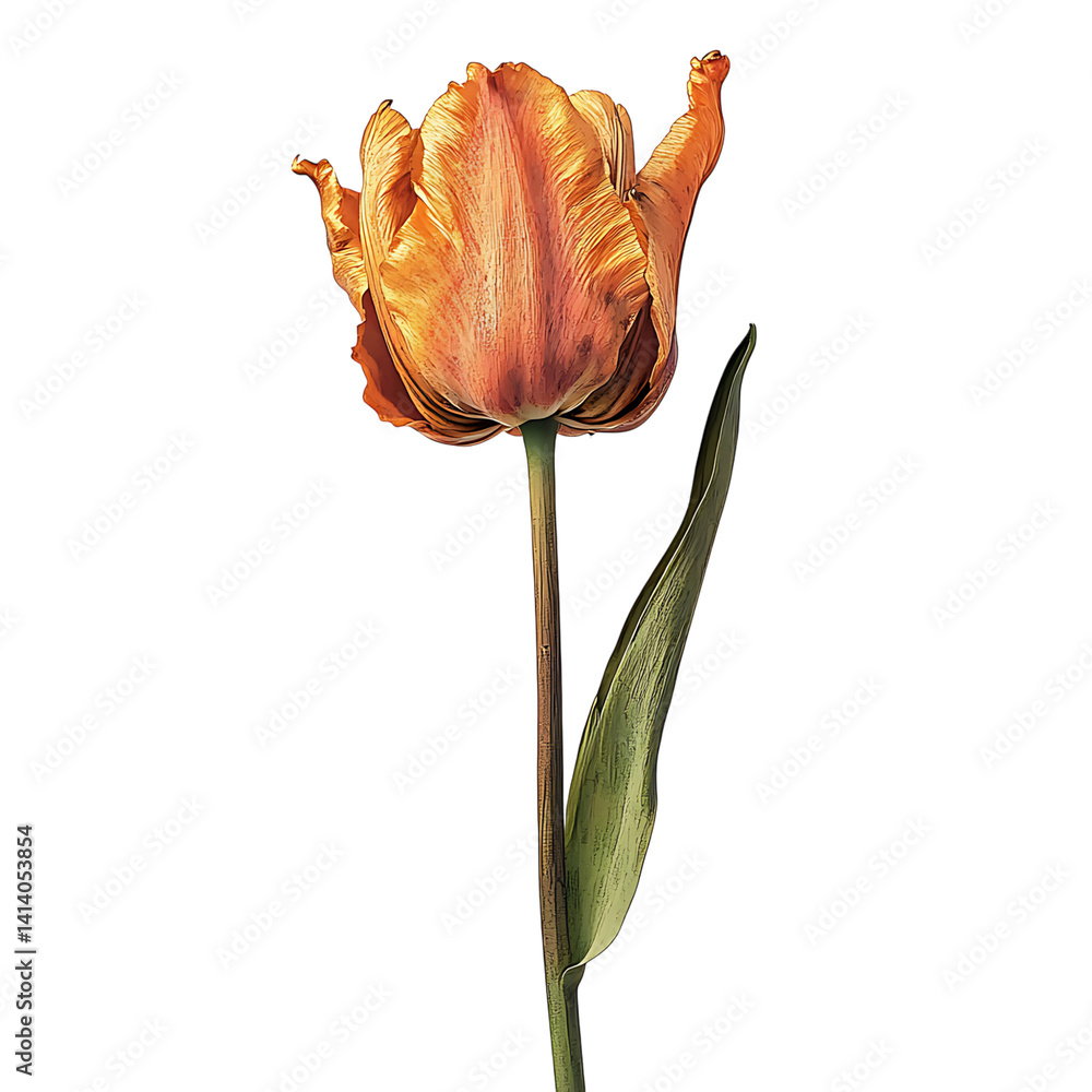 Dried tulip flower with curled petals upright stem and detailed texture showing delicate aging and botanical structure on a transparent background