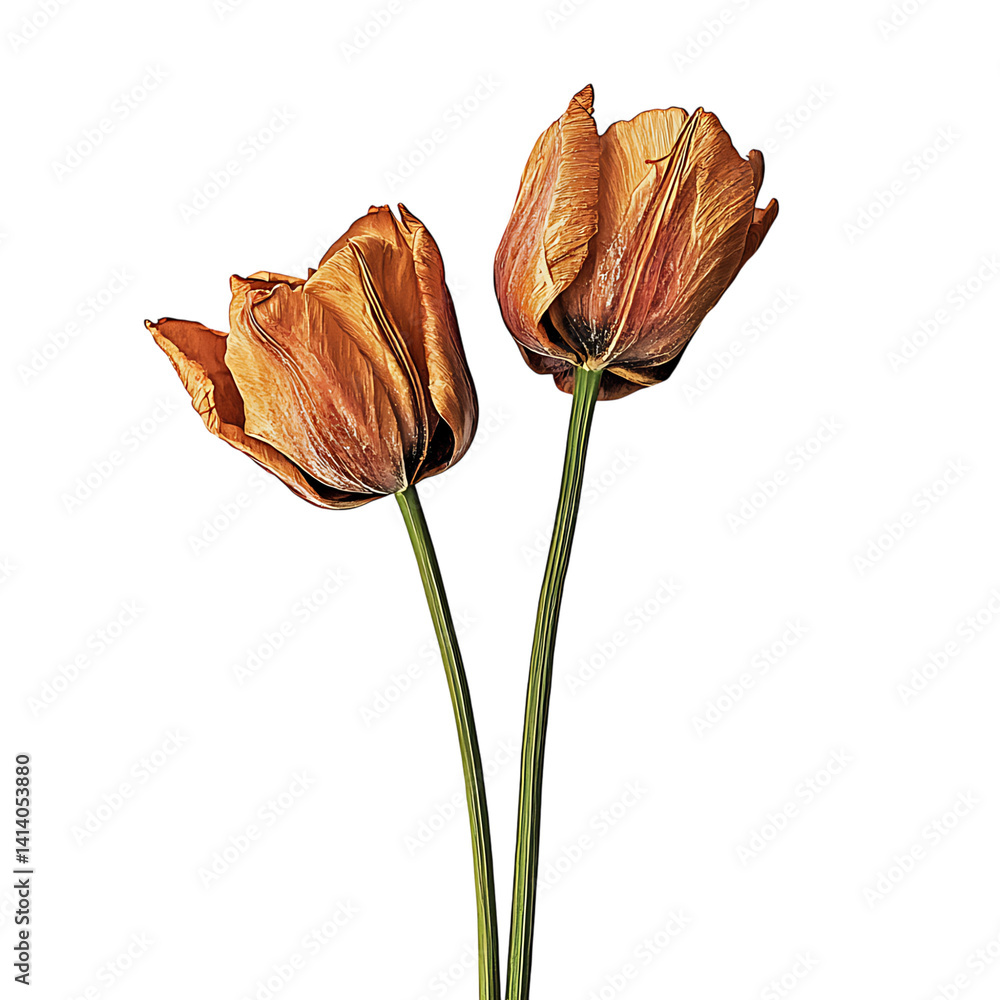 Dried tulip flower with curled petals upright stem and detailed texture showing delicate aging and botanical structure on a transparent background