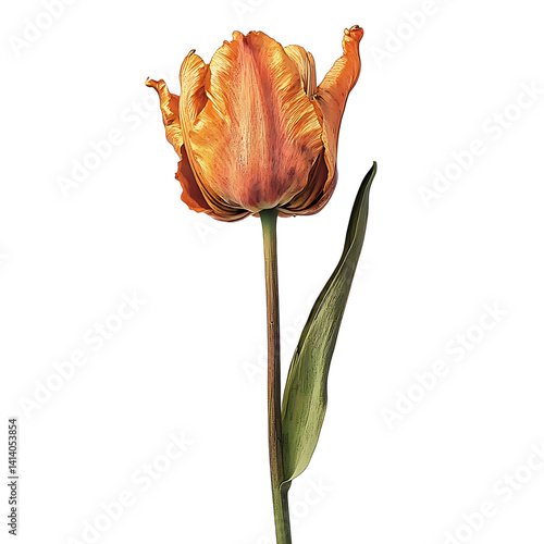 Obraz na płótnie Dried tulip flower with curled petals upright stem and detailed texture showing delicate aging and botanical structure on a transparent background w salonie