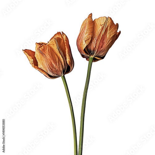 Obraz na płótnie Dried tulip flower with curled petals upright stem and detailed texture showing delicate aging and botanical structure on a transparent background w salonie