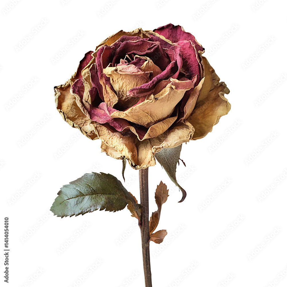 Dried pink rose with curled petals visible stem and brownish leaves showing natural withering and aging process in high detail on a transparent background