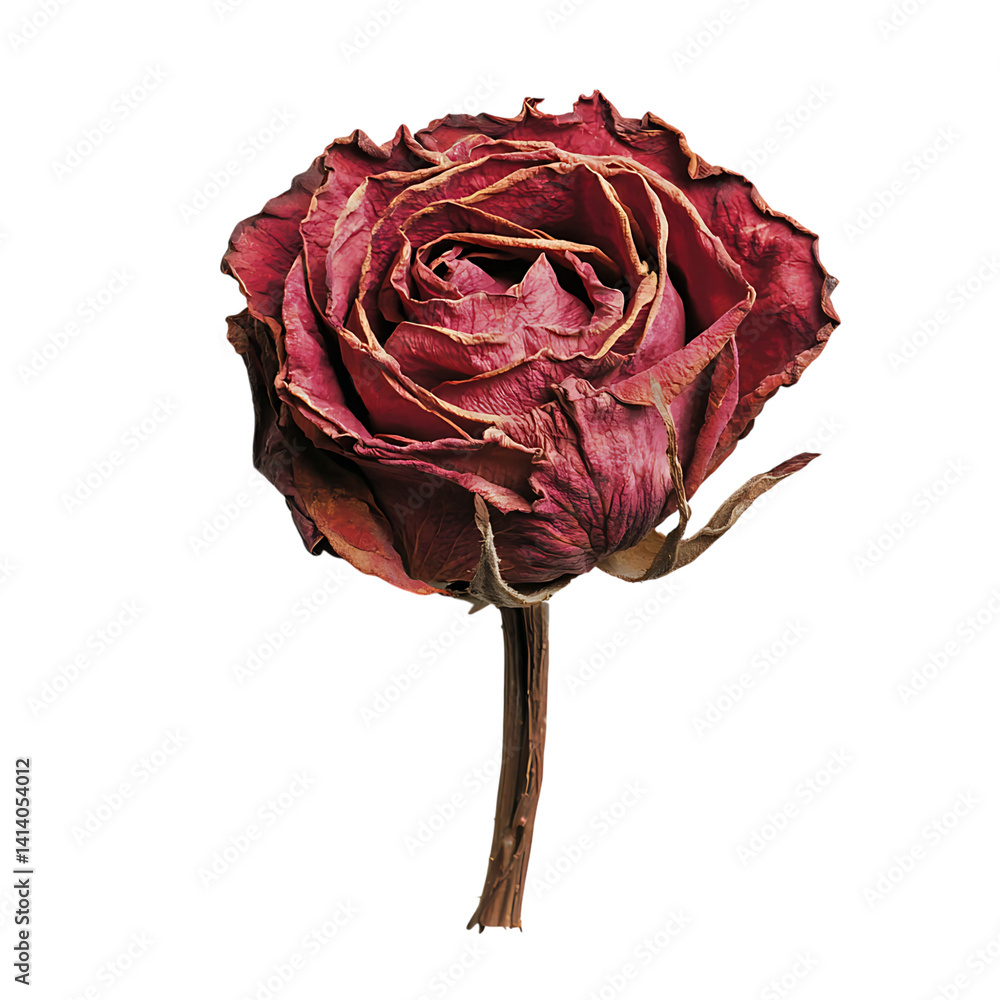 Dried pink rose with curled petals visible stem and brownish leaves showing natural withering and aging process in high detail on a transparent background