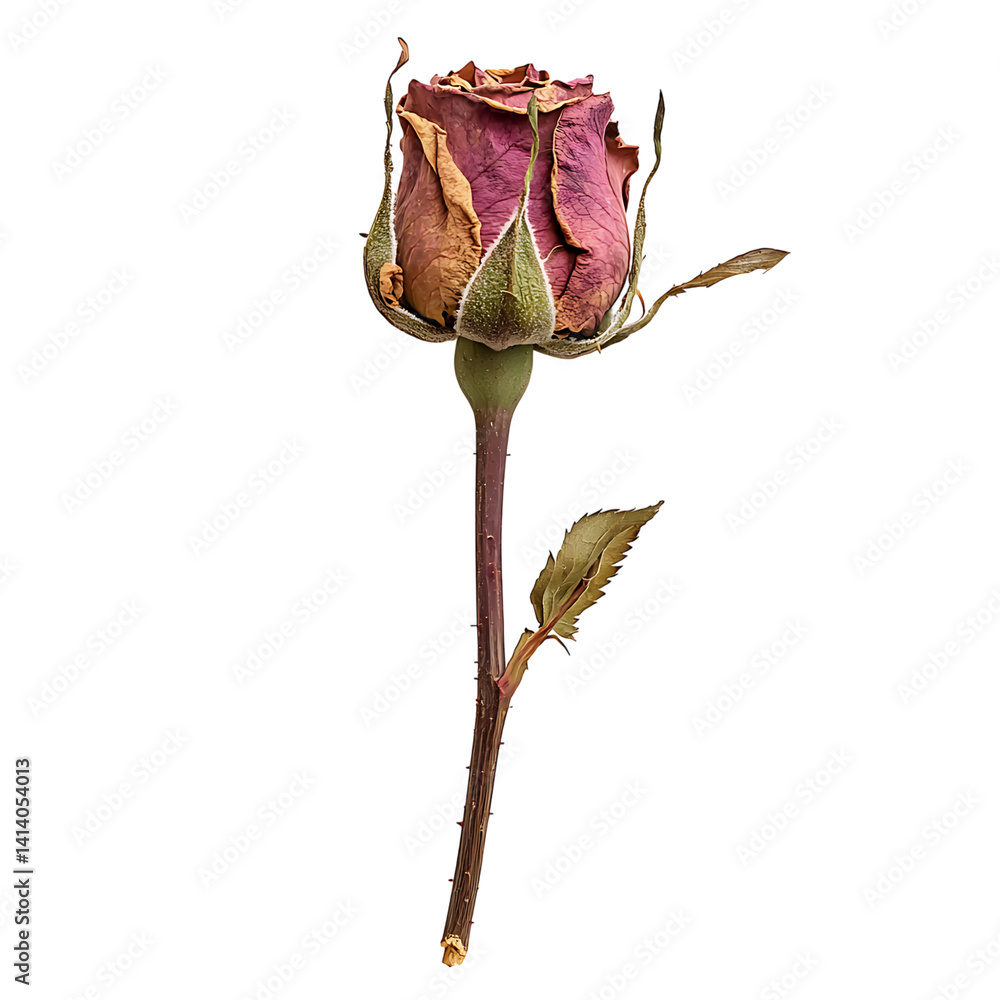 Dried pink rose with curled petals visible stem and brownish leaves showing natural withering and aging process in high detail on a transparent background